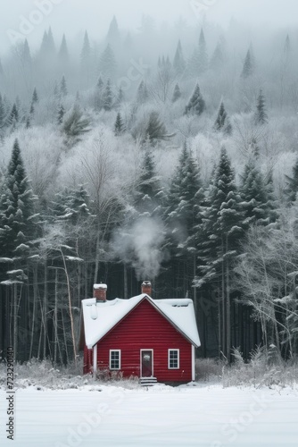A bright burgundy wooden house stands alone in the middle of a large winter f...