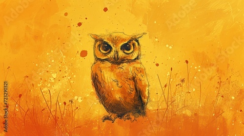  a painting of an owl sitting on top of a grass covered field in front of an orange sky with lots of yellow and brown splots in the background. photo