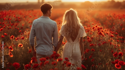 A beautiful girl walks through a field with blooming tulips