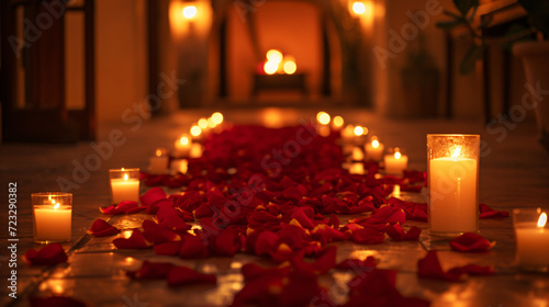 A trail of rose petals leading to a candlelit room.