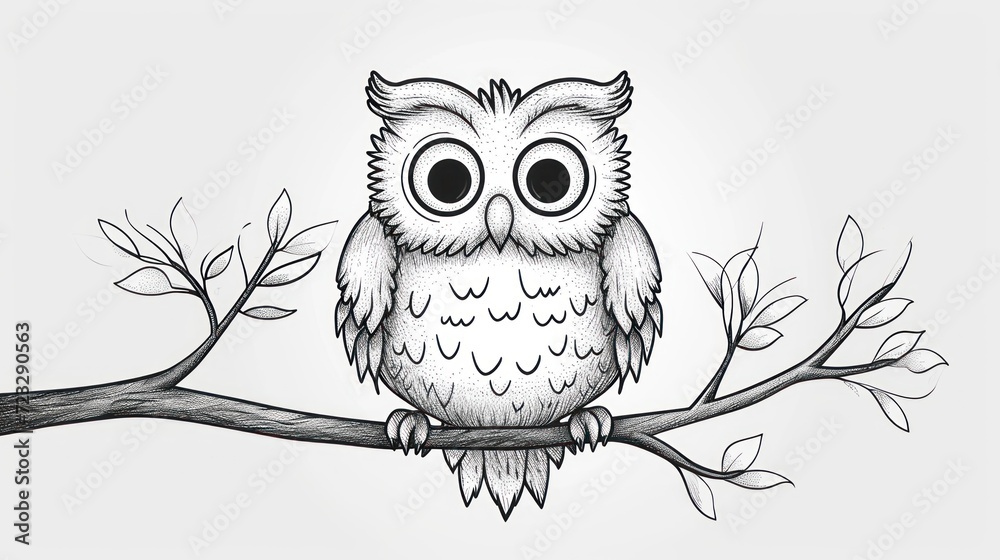 a black and white drawing of an owl sitting on a tree branch with eyes ...