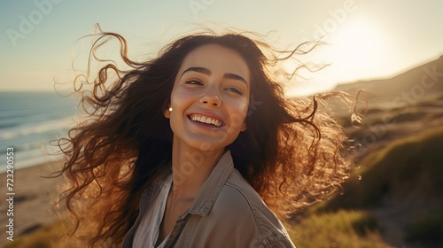 A brunette latina woman raising her arms in happiness on the dunes with her back to the sea photo