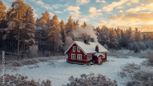 A bright burgundy wooden house stands alone in the middle of a large winter f...