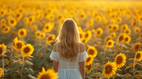 A beautiful young girl walks through a field with blooming sunflowers