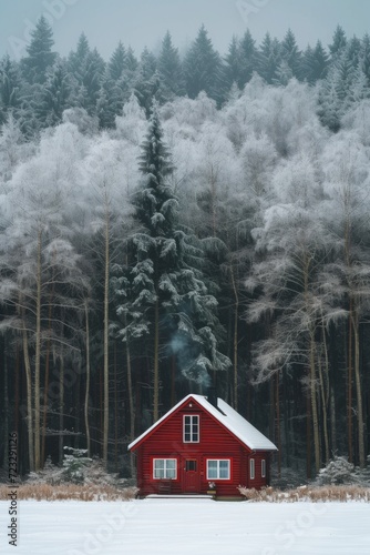 A bright burgundy wooden house stands alone in the middle of a large winter forest © olegganko