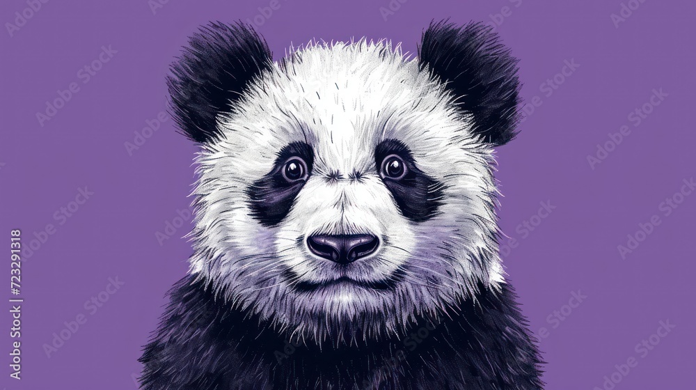 a close up of a panda bear's face on a purple background with a black and white panda bear on the right side of the image and a black and white panda bear on the left side of the right. a close up of a panda bear's face on a purple background with a black and white panda bear on the right side of the image and a black and white panda bear on the left side of the right.