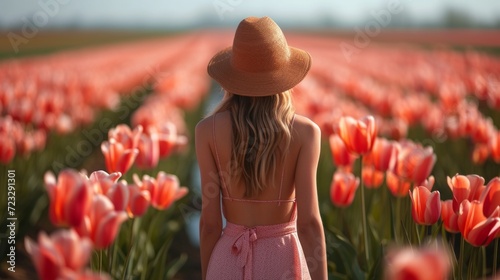 A beautiful girl walks through a field with blooming tulips