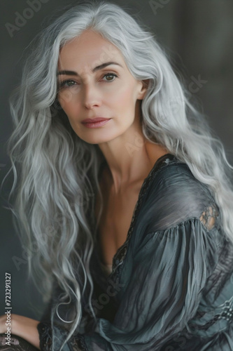 Woman with long wavy gray hair in a dark blouse looks contemplatively to the side, indoors. sophistication and could be utilized in fashion, aging or lifestyle editorials.