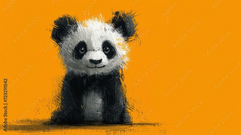  a black and white panda bear sitting in front of a yellow wall with a black and white panda bear on it's back side and a black and white panda bear on the other side.
