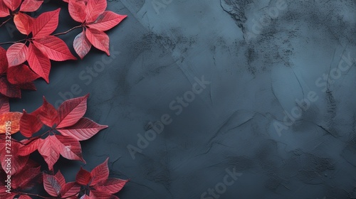 Autumn background with colored red leaves on green slate background top view copy space ai generated