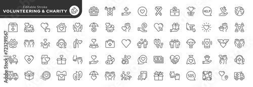 Fototapeta Naklejka Na Ścianę i Meble -  Set of line icons in linear style.Set - Volunteering, charity and donation. Help and support in difficult life situations.Donation. Outline icon collection. Pictogram and infographic. Editable stroke