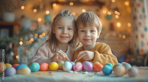 A boy and an eight-year-old girl paint eggs for Easter