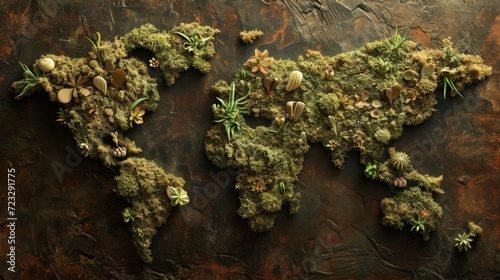 World map made of moss and cactus. All continents of the green world