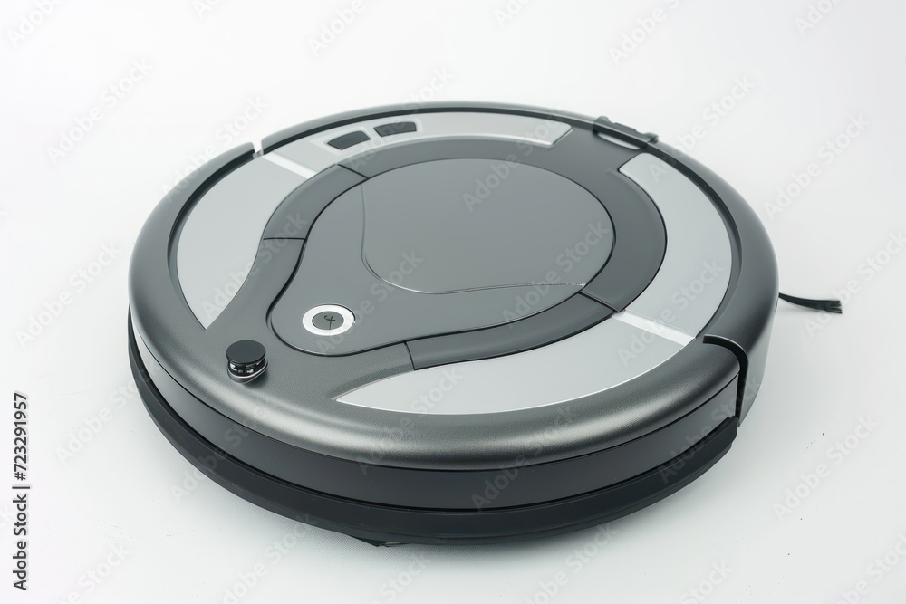 Close up image of a standalone robot vacuum cleaner equipped for floor cleaning including a washing feature on a white background Close up image of a standalone robot vacuum cleaner equipped for floor cleaning including a washing feature on a white background