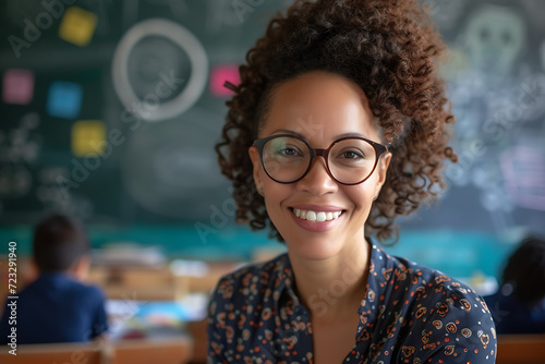 Portrait of happy female teacher wearing eyeglasses in classroom at school.