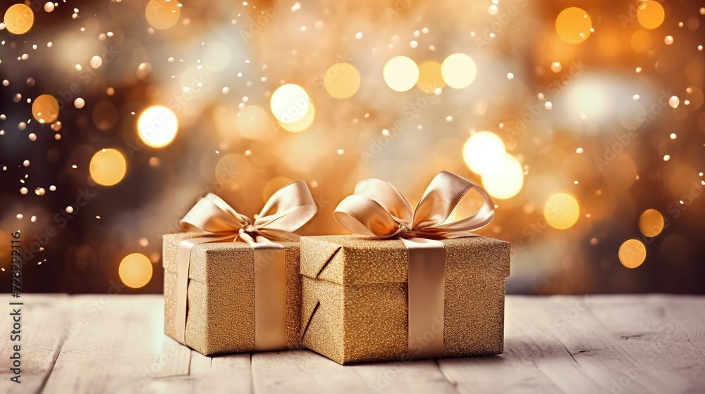 Christmas gift or present box, snowy fir tree and holiday decoration against bokeh background. New year greeting card. Generative Ai. Christmas gift or present box, snowy fir tree and holiday decoration against bokeh background. New year greeting card. Generative Ai.