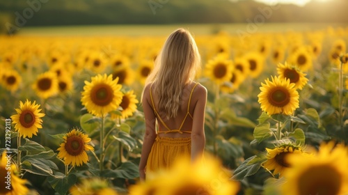 A beautiful young girl walks through a field with blooming sunflowers