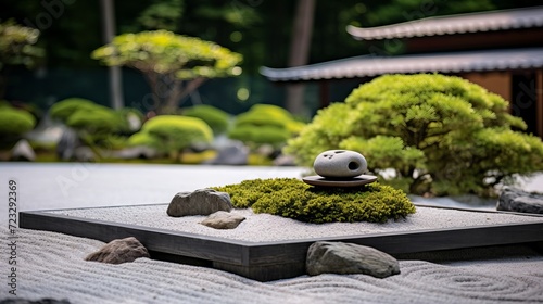 A zen garden with a small stone in the center and a small garden with grass growing on it.