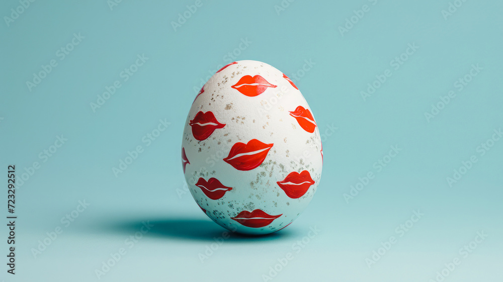 White egg with many colored red kisses, plain blue background.