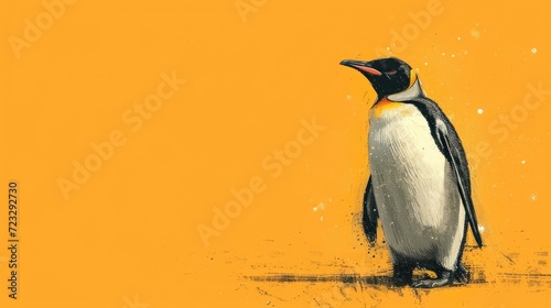  a painting of a penguin standing in front of a yellow background with a black and white bird on it's head and a black and white body with a red beak.