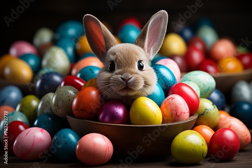 A bunny sits in a bowl with Easter eggs