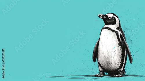  a black and white penguin standing in front of a teal blue background with a splash of paint on the bottom half of it's face and bottom half of its body.