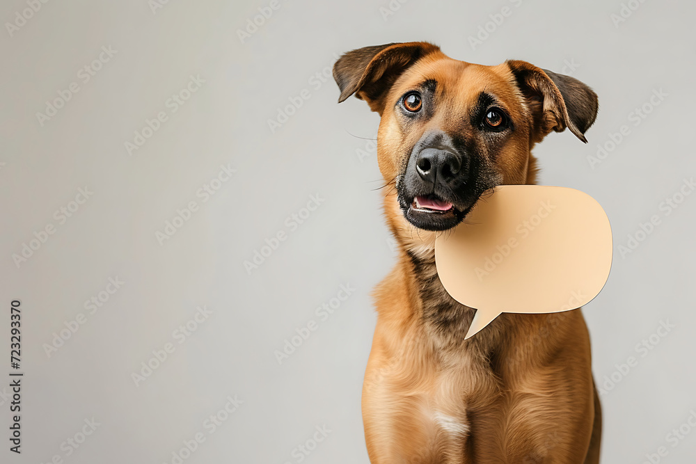Portrait of cute dog holding up empty speech bubble for text in studio background.