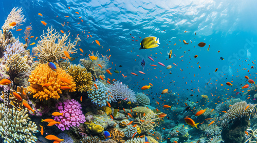 A vibrant coral reef bustling with colorful fish and marine life.
