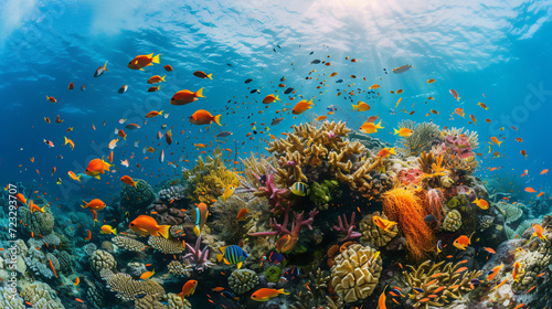 A vibrant coral reef bustling with colorful fish and marine life.