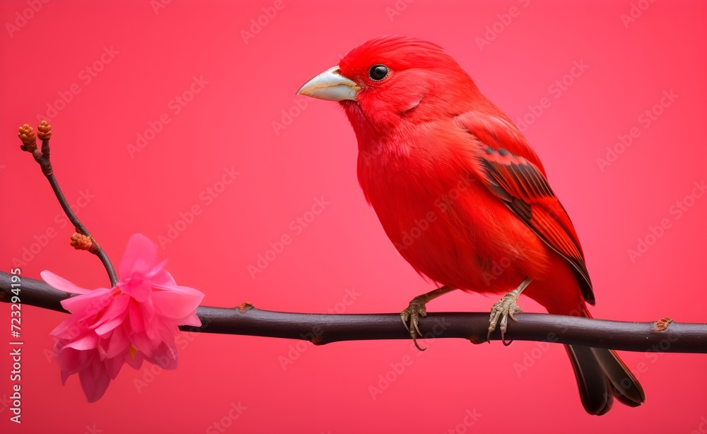 Bright red cardinal on a branch with pink flower generative ai