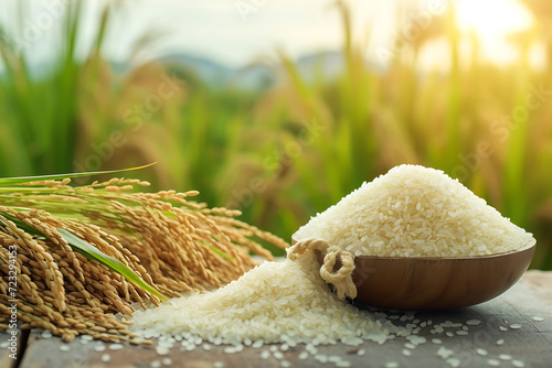 Uncooked white rice on wooden table with rice field background.