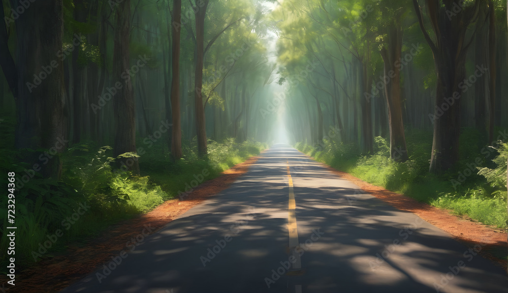 Naklejka premium Whispers of Adventure Endless road through a rainforest, whispering tales of faraway lands and untold stories 