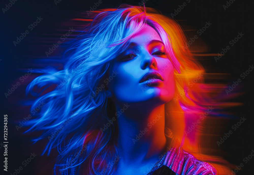 An exciting fashion portrait of a young lady, illuminated by a neon-fluorescent ambiance. The concept combines subtle elegance with a modern expression
