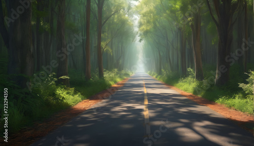 Whispers of Adventure Endless road through a rainforest, whispering tales of faraway lands and untold stories
