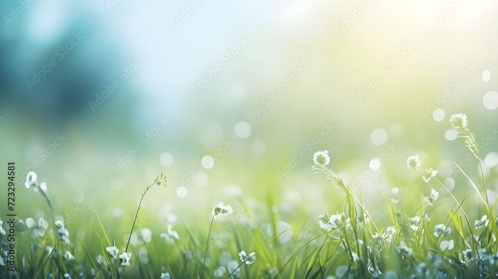 Fresh morning dew on green grass with soft sunlight
generative ai