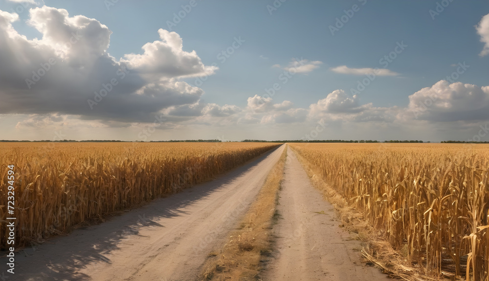 Whispers of Adventure Endless road through a Cornfield, whispering tales of faraway lands and untold stories
