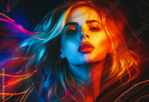 An exciting fashion portrait of a young lady, illuminated by a neon-fluorescent ambiance. The concept combines subtle elegance with a modern expression 