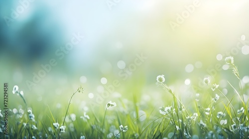 Fresh morning dew on green grass with soft sunlight generative ai