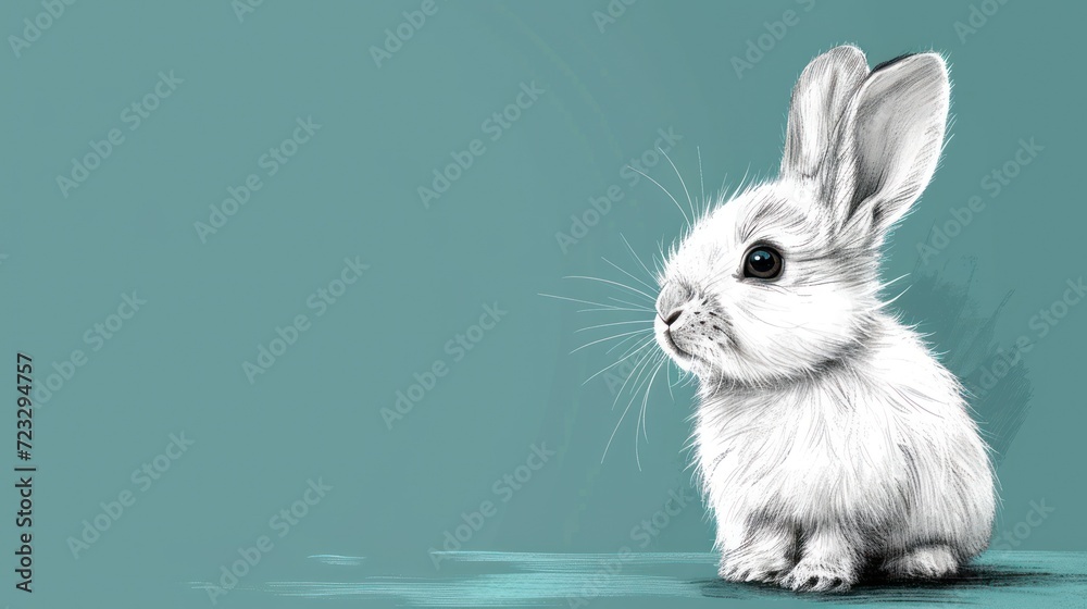  a small white rabbit sitting on top of a blue floor next to a light green wall and a blue wall behind it is a black and white drawing of a small rabbit.