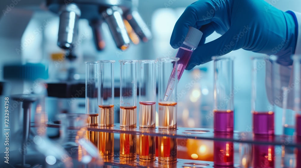 Hands in latex gloves holding a test tube with coloured liquid against a background of laboratory and microscopes