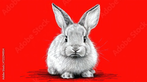  a black and white drawing of a rabbit on a red background with a black and white drawing of a rabbit on the right side of the image, and a black and white rabbit on the left.