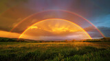 A vibrant sunset after a rainstorm with a rainbow arching over a lush field.