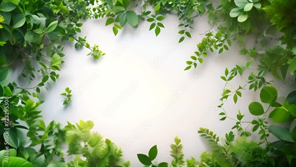 Green tropical leaves frame on white background for text or logo. Jungle green plants on white screen. Stylish nature moving beauty