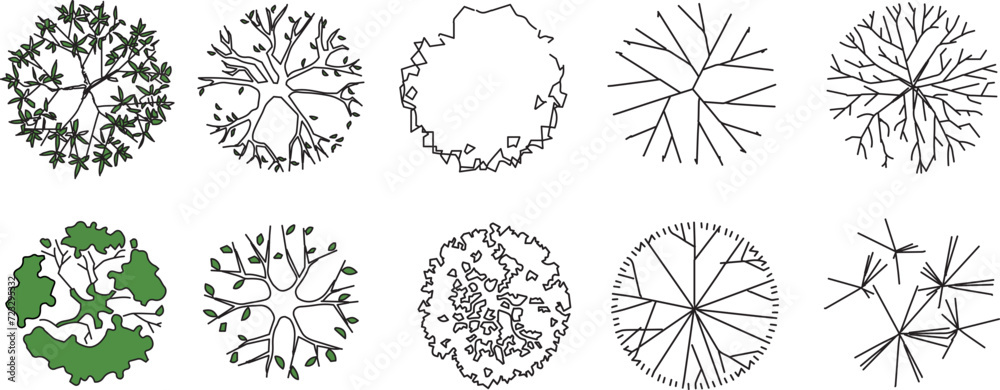 set of flat designs of architectural trees, top view with green