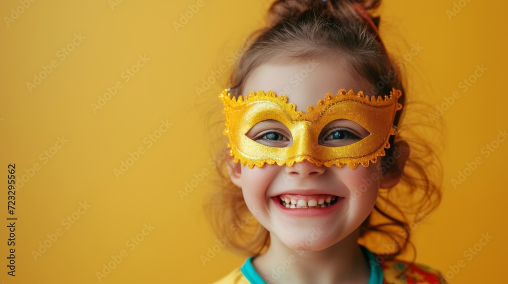 A five-year-old girl wearing a carnival mask laughs and looks at the camera on a minimalistic bright background A five-year-old girl wearing a carnival mask laughs and looks at the camera on a minimalistic bright background