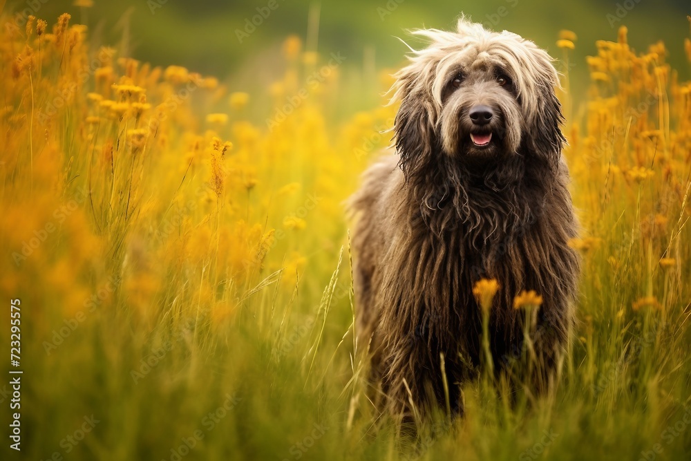 Puli dog sitting in meadow field surrounded by vibrant wildflowers and grass on sunny day ai generated