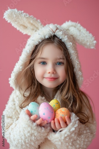 A little girl in a white hare costume holds colorful Easter eggs in her hands on a pink minimalistic background