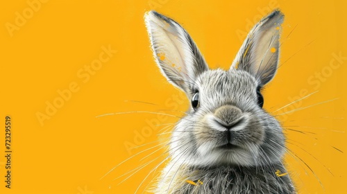 a close up of a rabbit's face on a yellow background with a blurry image of the rabbit's face and the back end of the rabbit's head. photo