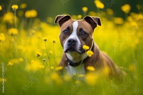 Staffordshire bull terrier dog sitting in meadow field surrounded by vibrant wildflowers and grass on sunny day ai generated
