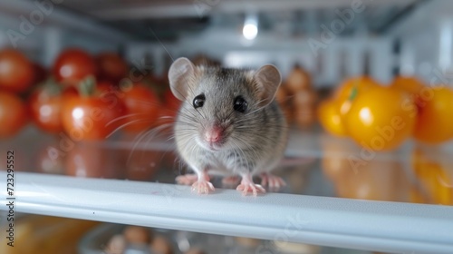 A small gray mouse with big eyes sits on an empty refrigerator shelf and look...